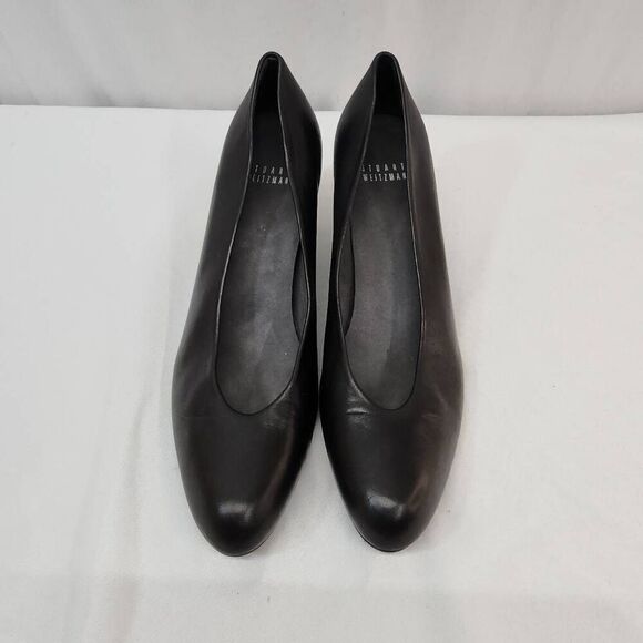 Stuart Weitzman Size 8 Black Leather Women's Wedge Slip On Almond Toe Heel Pumps - Picture 6 of 10